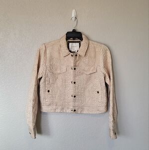 Anthropologie Cream Quilted Jacket with Patterned Design